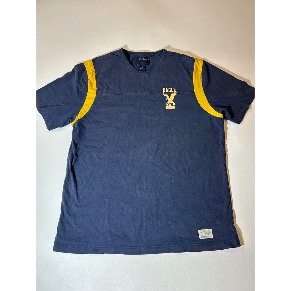 American Eagle T-Shirt Mens Large Blue Excellent Phys Ed Graphic Stripe Tee